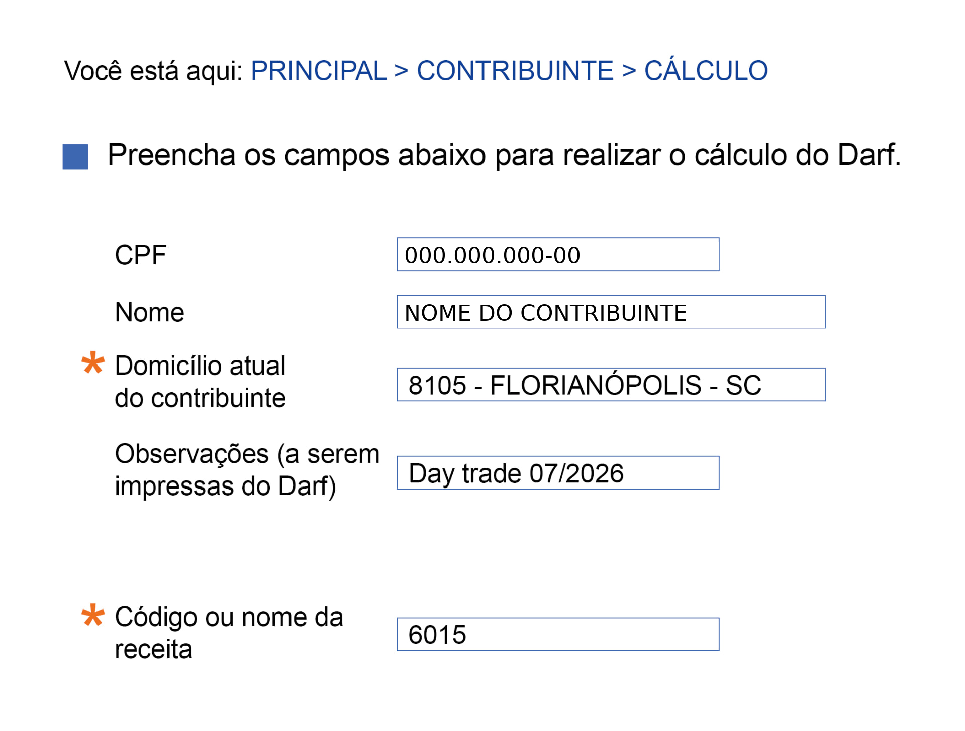 Tela de preenchimento do código da receita 6015 no SicalcWeb