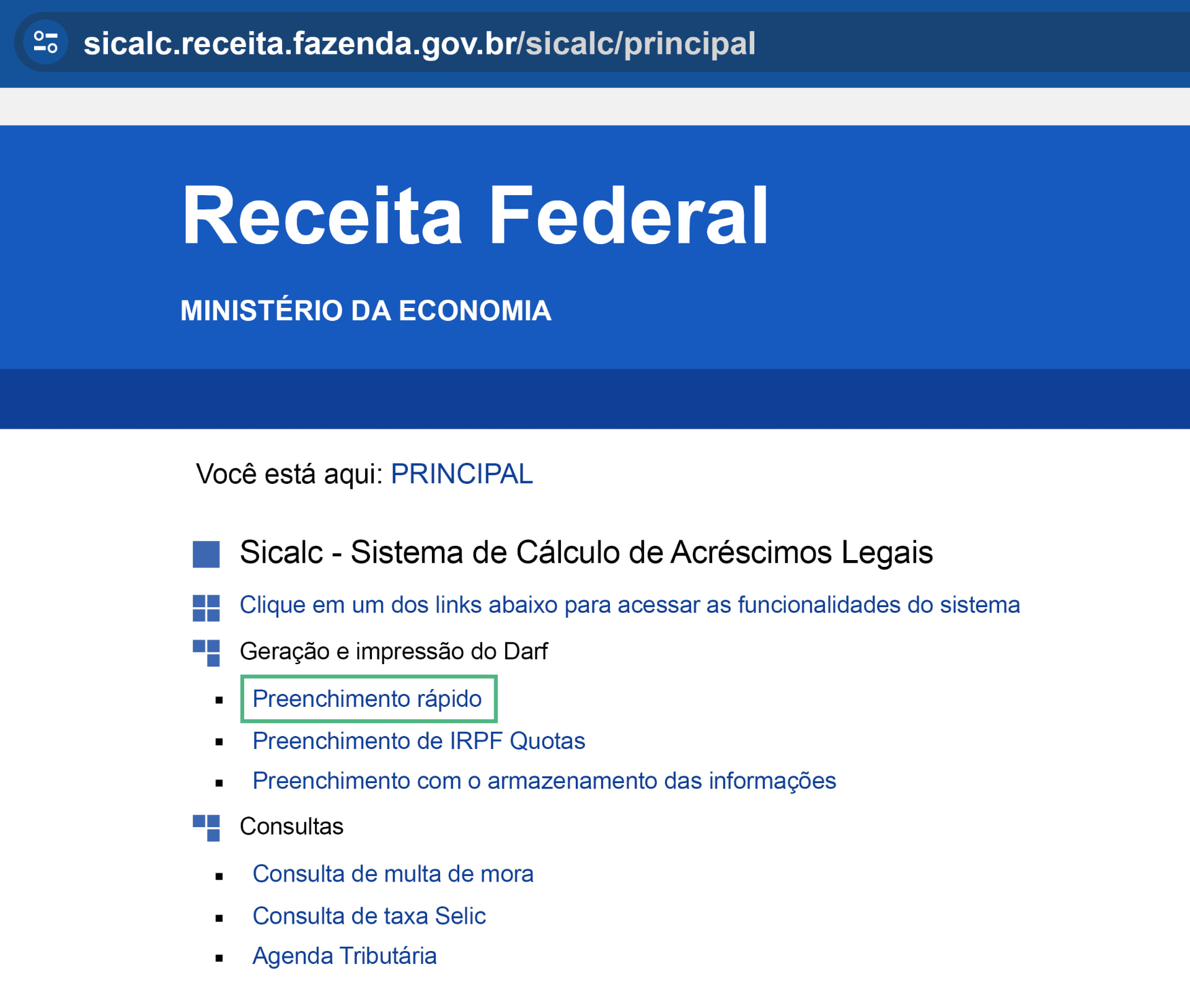 Tela inicial do SicalcWeb da Receita Federal