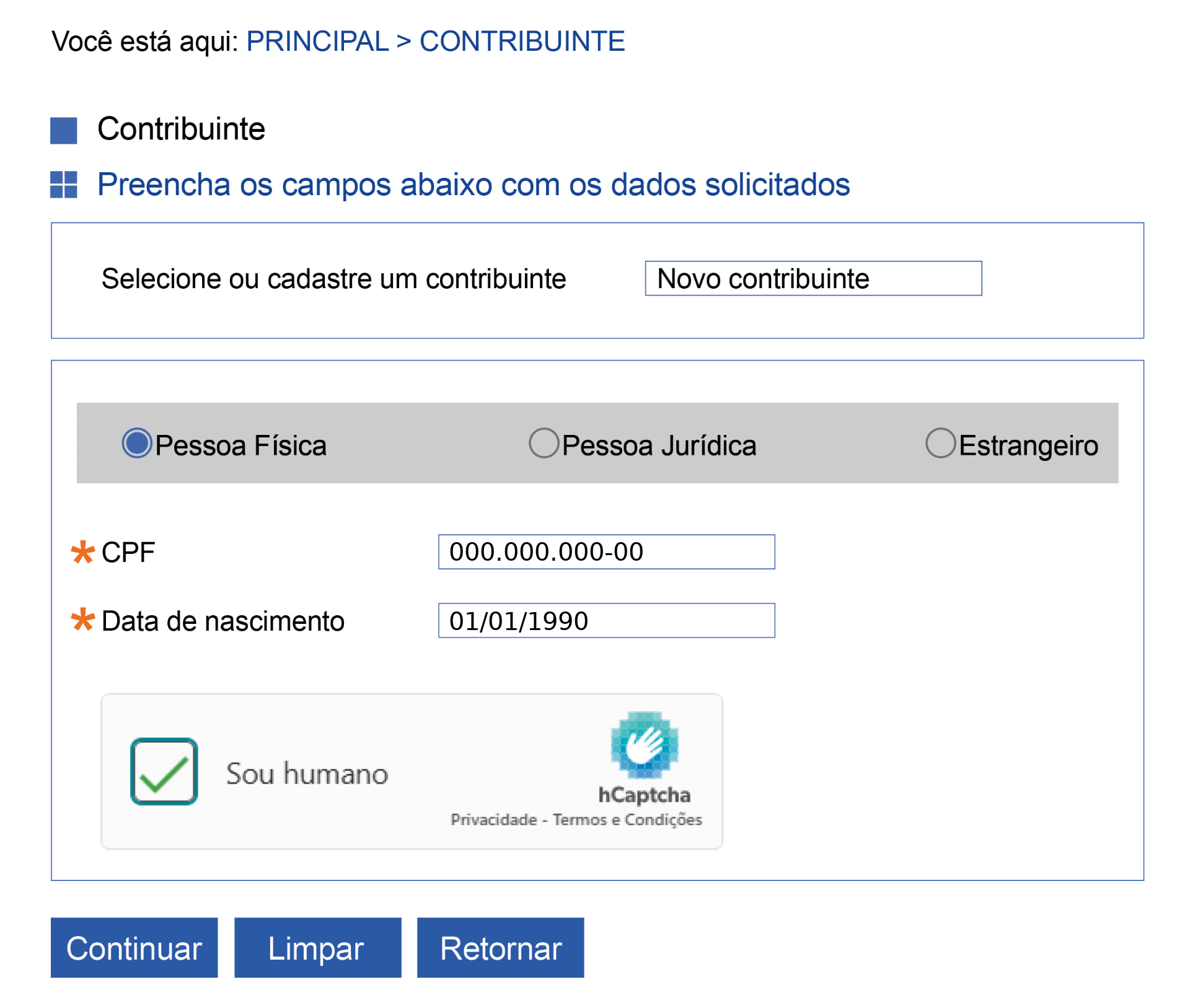 Tela de preenchimento de dados do contribuinte no SicalcWeb