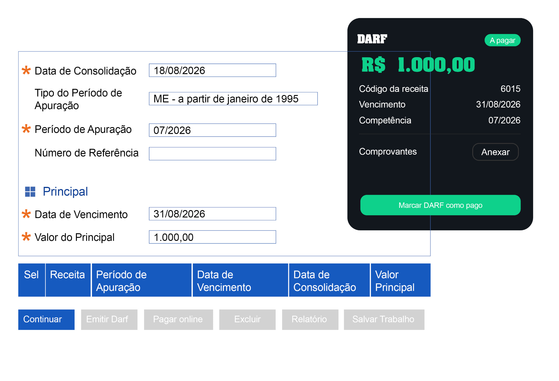 Tela de preenchimento dos dados da DARF no SicalcWeb